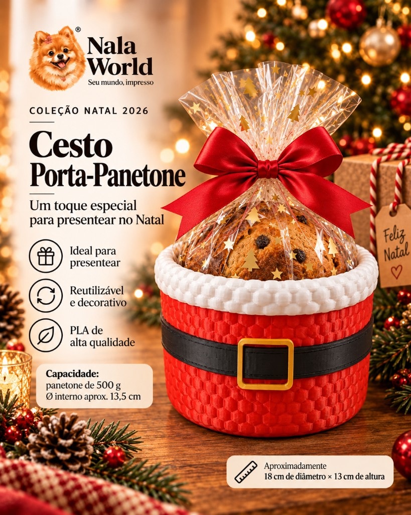 Cesto Porta-Panetone Noel com o panetone embalado e laço vermelho